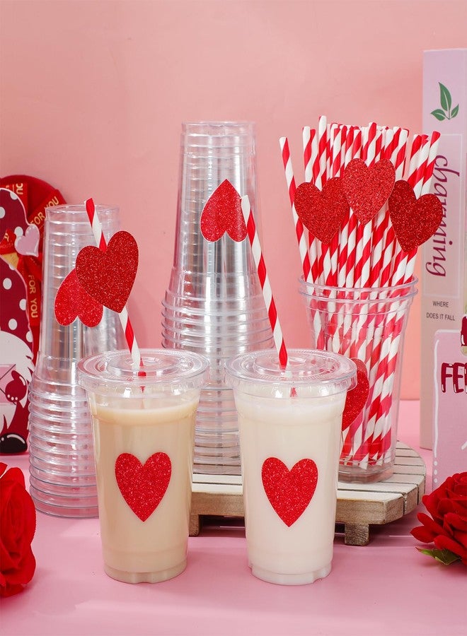 JarThenaAMCS مجموعة جارثينا إيه إم سي إس، ٥٠ قطعة من أكواب بلاستيكية للاستخدام مرة واحدة لعيد الحب، مع أغطية وماصات، سعة ١٢ أونصة، أكواب حفلات مزينة بقلوب حمراء لامعة، أكواب للمشروبات الباردة، لوازم حفلات الزفاف وأعياد الميلاد - Image 4